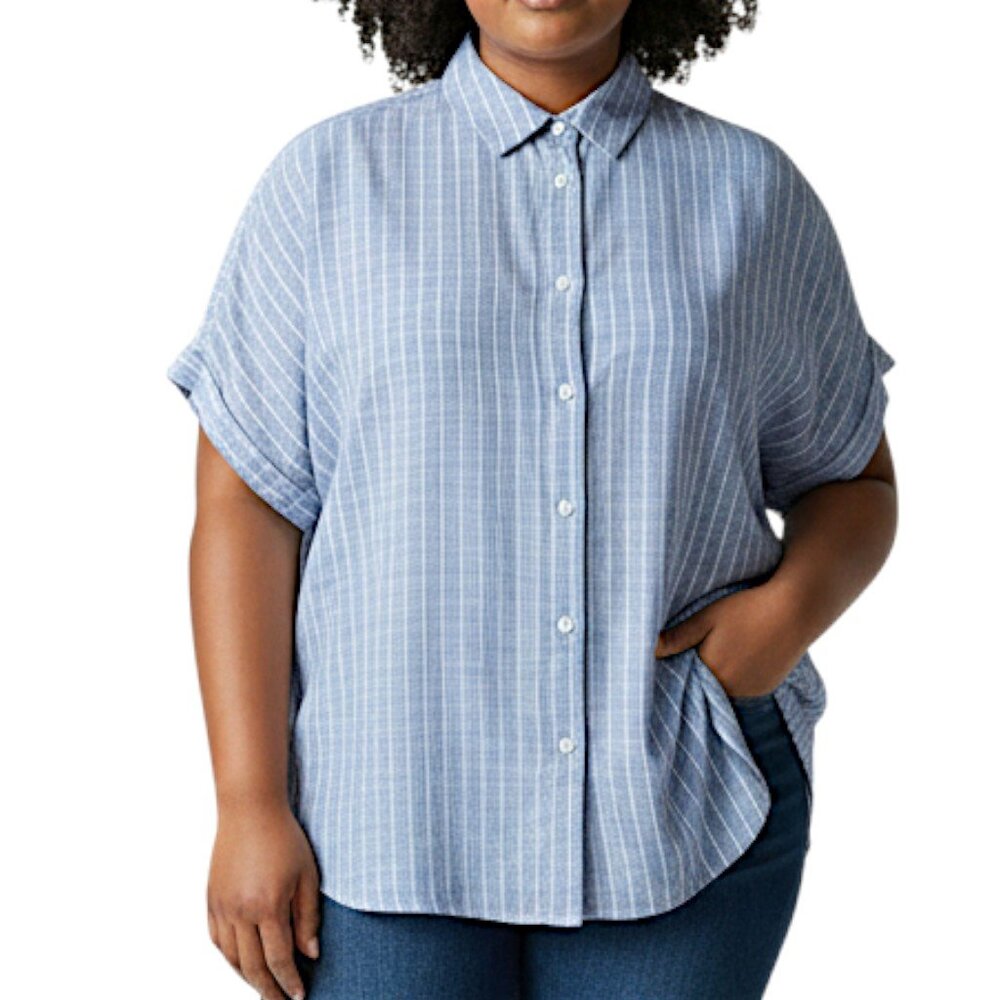 Goodthreads Light Grey Blue Striped Button Front … - image 1